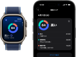 Apple Watch Ultra 3上の睡眠スコアの円グラフと評価。ペアリングしたiPhone上で詳しい分析結果を開いている