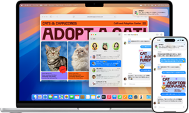 MacBook Airのメッセージアプリにテキストメッセージのスレッドが表示されている。デバイス間の連係により、隣にあるiPhone 16 Pro Maxの画面にも同じテキストのスレッドが表示されている
