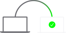 WindowsノートパソコンのアイコンとMacノートブックのアイコンが曲線でシームレスにつながれ、グリーンのチェックマークが表示されている