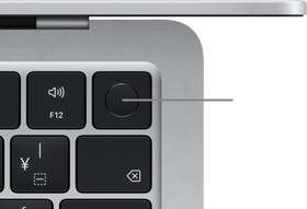 Touch IDボタンを強調するために、シルバーのMacBook Airのキーボードの右上角が表示されている