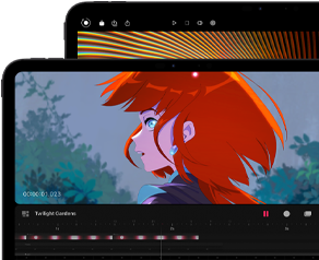 13インチiPad Proと11インチiPad Proの前面の外観、横向き、カラーはスペースブラック、丸みを帯びた四隅、ブラックのディスプレイベゼル、11インチのディスプレイには赤い髪のキャラクターのあざやかな画像が表示されている。13インチのディスプレイにはカラフルな写真編集インターフェイスの要素が表示されている