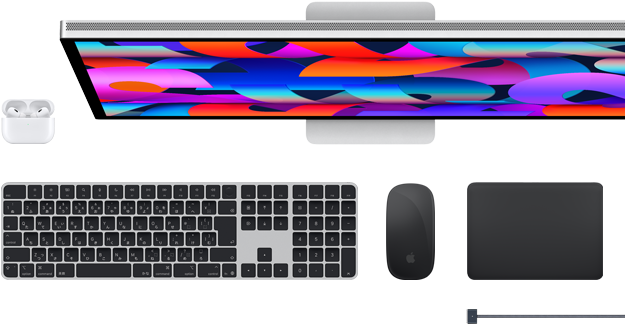 Macアクセサリ：AirPods、Studio Display、Magic Keyboard、Magic Mouse、Magic Trackpad、スペースブラックのMagSafe充電ケーブル