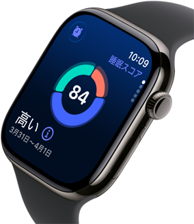 スレートチタニウムケースのApple Watch Series 11。スクリーンに睡眠スコアの円グラフが表示されている