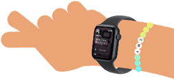 Apple Watch SE 3を装着した子どもの手首のイラスト。スクリーンにメッセージアプリが開かれている