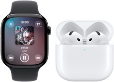 スレートチタニウムケースのApple Watch Series 11。ブラックのスポーツバンド、Apple Musicアプリの画面、AirPods 4とペアリングされている